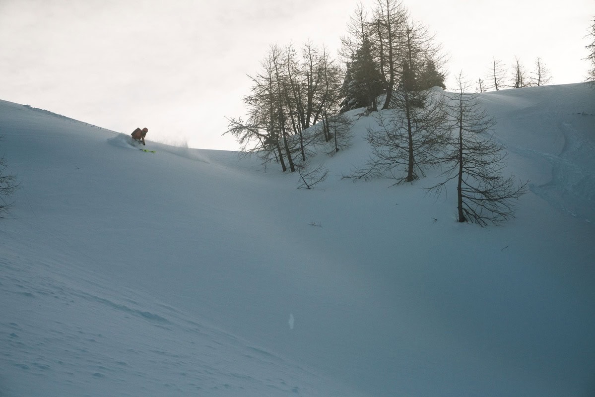 Skifahrer in Tiefschneeabfahrt neben verschneiten Lärchen
