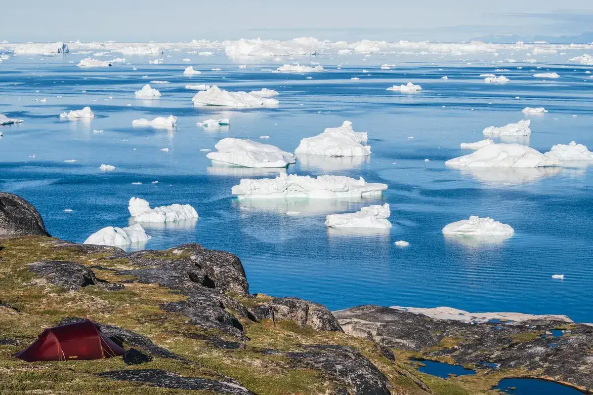 Rotes Zelt auf felsigem Ufer über einem Fjord voller Eisberge in Grönland